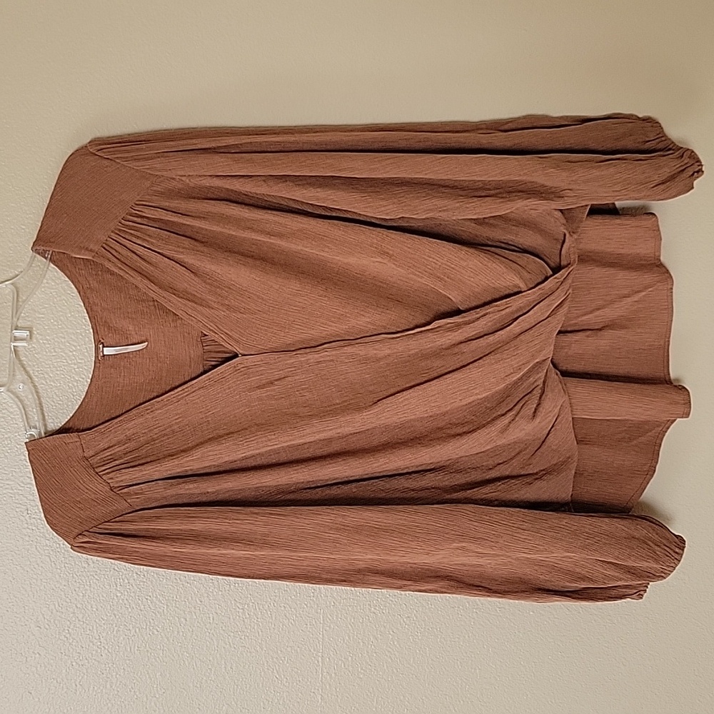 Free People Brown Check On It Textured Faux Wrap Blouse‎ - Size XL
